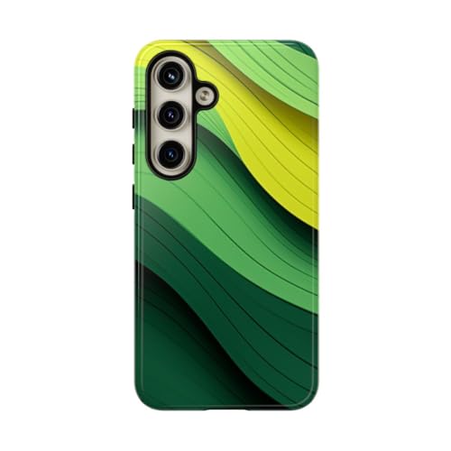 Coque Samsung S24 motif vague vert jaune rigide brillante et antichoc protégeant votre smartphone