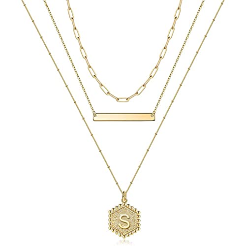 LILY123 Colliers Initiales en Or pour Femmes Filles, Plaqué Or 14K Simple Hexagone Lettre Pendentif Dainty Layered Trombone Lien Chaîne Collier Pull en Or clavicule chaîne Collier Cover