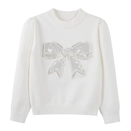Danny D Young Girl′s Bowknot Sequin Knitted Sweater Crew Neck Long Sleeved Tops for Autumn and Winter3