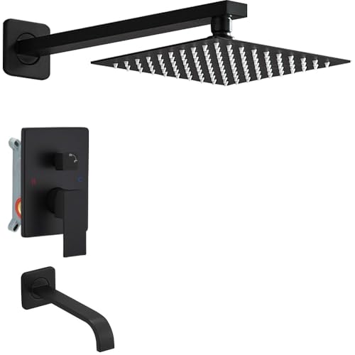 Heable Matte Black Shower Faucet Set with Tub Spout Bathroom Luxury Rain Mixer Shower Head System Wall Mounted Shower Faucet Complete, Single Handle Tub and Shower Trim Kit with Rough-in Valve
