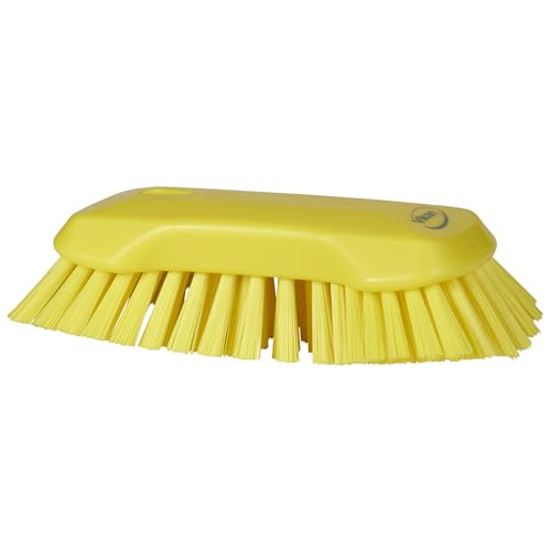 Image of Vikan 38946 Extra Large Hand Brush, Multifunctional, Slip-Resistant Cleaning Tool, Extra Stiff Polypropylene & Polyester Bristle, 9.1 inch, Yellow