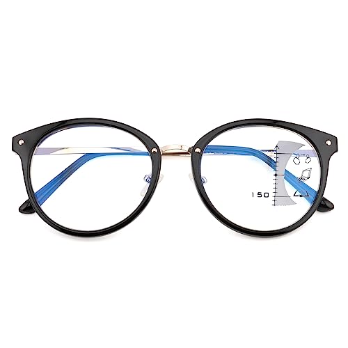 FEIVSN Trendy Round Progressive Multifocus Reading Glasses Women Men Multifocal Readers Blue Light Blocking Eyeglasses Black +2.0
