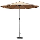 ABBLE 9 Ft Solar Led Lighted Outdoor Patio Umbrella with Tilt and Crank, Weather Resistant, UV Protective Umbrella, Durable, 8 Sturdy Steel Ribs, Market Outdoor Table Umbrella - Tan
