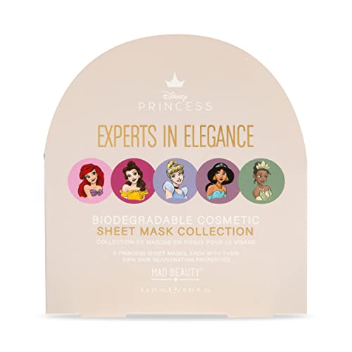 MAD BEAUTY Disney Pure Princess Sheet Face Masks Set (5-Pack) | Tiana, Belle, Jasmine, Cinderella, & Ariel | Green Tea, Pomegranate, Coconut, Lavender, & Cucumber to Soothe Skin for Princess-Like Glow!