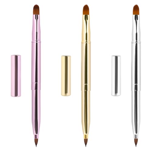 Image of 3Pcs Retractable Lip Brush for Lipstick Brush with Cap Lipstick Applicator Brushes for Lip Stick Gloss Travel Portable Lips Makeup Brushes, Gold, Silver, Pink, Dual Ended