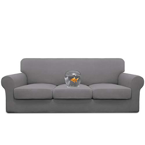 Image of Easy-Going Waterproof Oversized Couch Cover for Dogs 3 Cushion Sofa | 4 Pieces Stretch Sofa Slipcover for 3 Separate Cushion Couch Leakproof Furniture Protector for Kids, Pets Light Gray