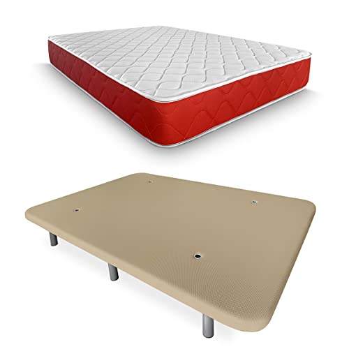 DUÉRMETE ONLINE - Cama Completa con Colchón Lite Reversible + Base Tapizada Reforzada Color Beige con 6 Patas Metálicas Roscadas, 150 x 190