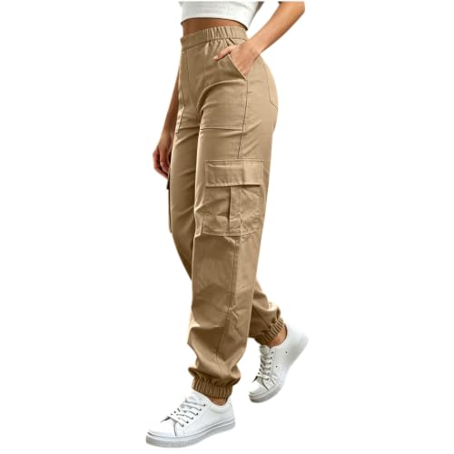 Image of Work Trousers Women Breathable Elastic Waist Cuffed Cargo Trousers Women Casual Daily Solid Color Cargo Pants High Stretch Soft Lightweight Work Outdoor Walking Jogging Bottoms with Pockets Khaki
