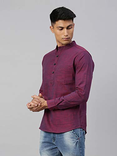 Image of KRYPTIC Men's Full Sleeve Regular Fit Short Kurta in Premium Pure Cotton with Patch Pocket and Mandarin Collar - Perfect Blend of Style and Comfort
