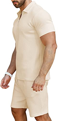Kuyigo Men's Polo Shirt And Shorts Set Summer Outfits Fashion Casual Short Sleeve Polo Suit For Men 2 Piece Shorts Tracksuit Beige Xxl #TOP2