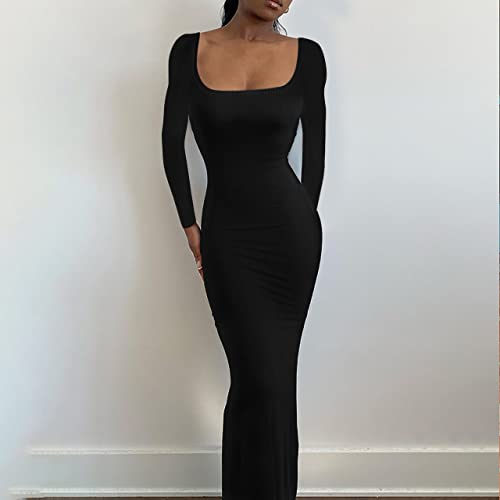 Moeencn Sexy Bodycon Dress For Women Summer Long Sleeve Ribbed Elegant Evening Cocktail Party Club Maxi Dresses Black L #TOP1