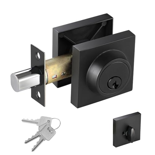Toocust SQ_DEADBOLT_BLK Square Single Cylinder Deadbolt, Modern Deadbolt Lock With Keys, Door Locks With Deadbolt, Matte Black Deadbolt cover