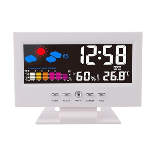 Weather Station Clock With Temperature Humidity Gauge, LCD Display With Voice-Activated Backlight, Alarm Snooze Function, Table Or Wall Mount LED Temperature Humidity Monitor(white)