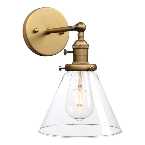 PERMO Single Sconces with Funnel Flared Glass Clear Glass Shade 1-Light Wall Mount Sconce Wall Lamp (Antique Gold)