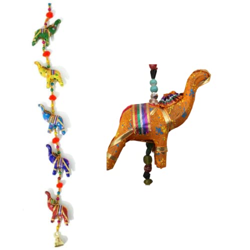 Tira de Elefantes hindús de Tela, Colgante de Elefantes Tejidos en India, móvil de Cinco Elefantes, Cosas Hindus Coloridas, Regalo Original Handmade