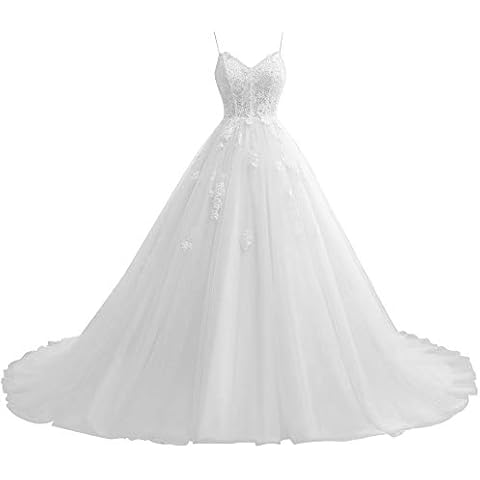 HUINI Damen Brautkleider Spitzen A-Linie Hochzeitskleid Prinzessin Brautmode Vintage Spaghettiträger Standesamtkleid Weiß 38 Cover