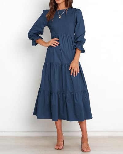 BTFBM Women Casual Long Sleeve Crew Neck Fall Dress Bohemian Relaxed Fit Floral Flowy Maxi Dresses Tiered Cocktail Dress