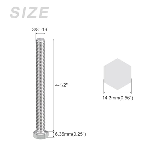 Image of METALLIXITY Hex Head Bolts (3 /8-16 x 4-1 /2 inch) 6Pcs, 304 Stainless Steel 18-8, Fully Threaded, External Hex Drive, Plain Finish, Hex Head Screw Bolt, Silver