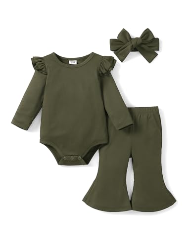 Image of PATPAT Newborn Baby Girl's Clothes Infant Rib Long Sleeve Ruffle Romper Flared Bell Pants with Headband 3pcs Set 0-18M