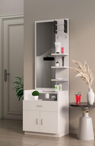Image of Bniture Wooden Dressing Table for Bedroom with 1 Drawer, Mirror and Huge Storage Space | Long Dresser Vanity Table with Mirror (42D x 60W x 180H CM) | 3 Year Warranty (Frosty White, HXDR103)