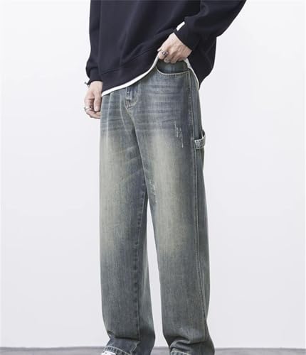 Men's Personalized Splicing Vintage Jeans, Korean Fashion, Straight Casual Cargo Pants, Denim3