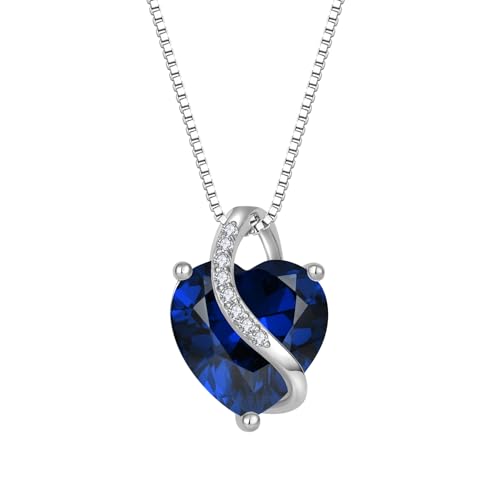 JO WISDOM Collar Corazón de Plata de ley 925 Mujer,Colgante con Cadena con 3A Circonita Piedra natal de Septiembre Color Zafiro