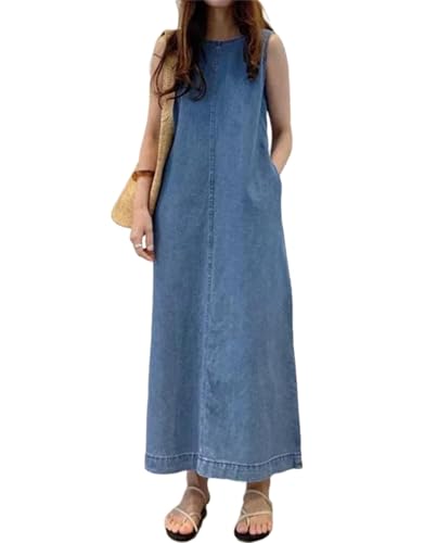 Geleglaer Denim Dress for Womens Sleeveless Jeans Maxi Dress Vintage Casual Loose Tank Dress with Pockets 2024 Summer