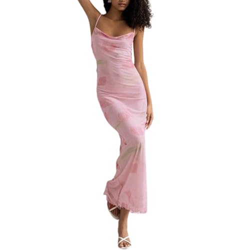 Image of Women's 2025 Summer Dresses Floral Bodycon Maxi Dress Spaghetti Strap Backless Cocktail Party Long Dresses