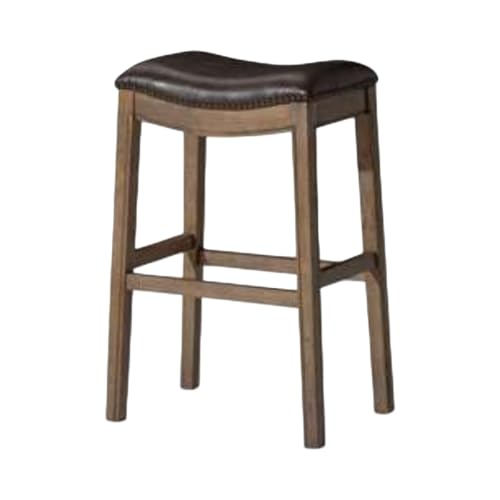 Maven Lane Adrien Backless Bar Stool – 31 Inch Saddle Seat with Footrest – Brown Solid Wood Frame & Brown Faux Leather Upholstery – Ideal for Bars, Pub Tables & Tall Kitchen Counters