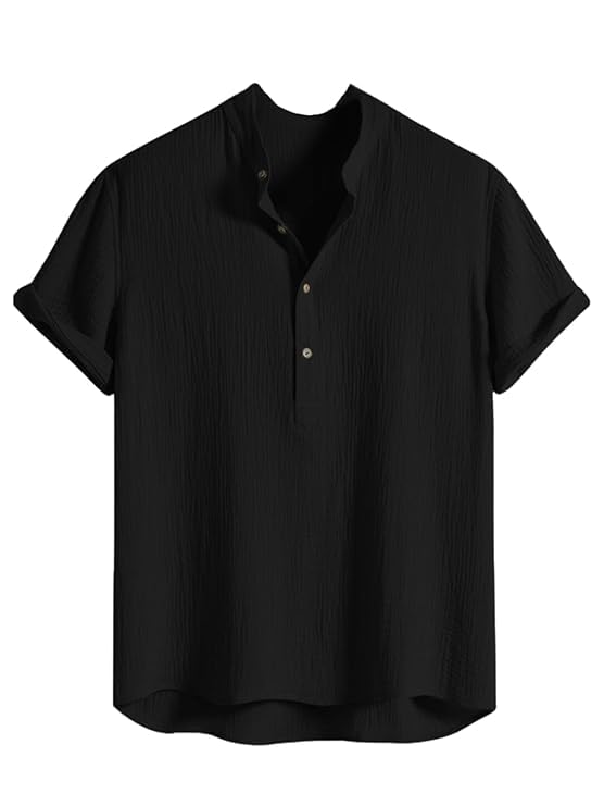 Image of LATEST CHIKAN Men's Casual Mandarian Collar T Shirts Short Sleeve Bubble Textured Short Kurta Fashion Beach Summer Kurta