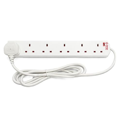 Image of STATUS Surge-Protected 6 Socket Extension Lead, 2m Cable with Neon Power Indicator, 13A 3120W Rated Multi-Plug Strip for Home, Office or Gaming, White (6WSSP2MCP20)