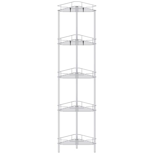 Image of HuggieGems 5 Tier Floor Standing Corner Shower Caddy Organizer Shelf with Hooks, Bathroom Shelves Stand Rack, Silver