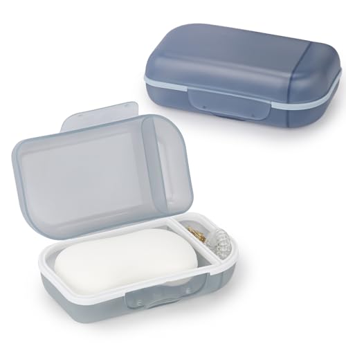 Oamwrae 2 Piezas Jabonera con Tapa, Jabonera Viaje con Anillo de Sellado de TPR, Portátil Jabonera de Viaje, para Ducha, Viajes, Senderismo y Baño (Gris y Azul)