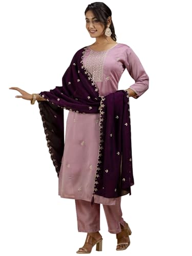 Image of VredeVogel Women's Silk Blend Embroidered Kurta with Pant & Dupatta Set | Modern & Traditional Blend Ethnic Wear | Festive & Casual Outfit