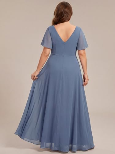 Image of Ever-Pretty Plus Women's Chiffon V-Neck Beading Ruffles Sleeves Maxi High Low Plus Size Formal Dresses