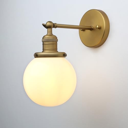 Image of Phansthy 1-Light Wall Sconce, Brass Boho Bathroom Vanity Light, Modern Wall Light with Globe Glass Shade E26 Base, Adjustable Wall Lighting Fixtures for Bedroom, Living Room (Antique, White Shade)