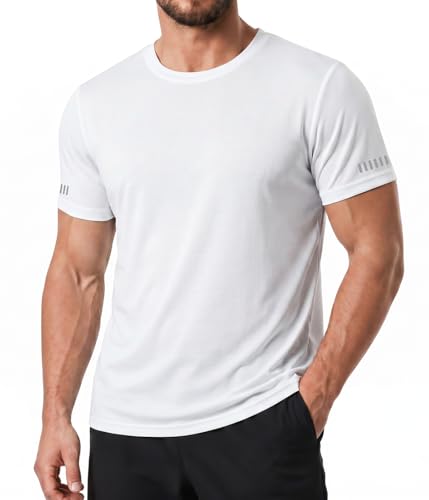 Image of LUWELL PRO 1 Pack Mens T Shirts Gym Tops for Men UK Running Shirts Quick Dry Sport Clothes Moisture Wicking Athletic Shirt Breathable Short Sleeve Work Tshirts (YF-UK-T5050-White-XL)