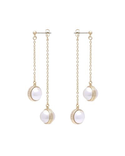 Karen Millen Logo Pearl Double Drop Earrings for Women (Gold/Pearl)
