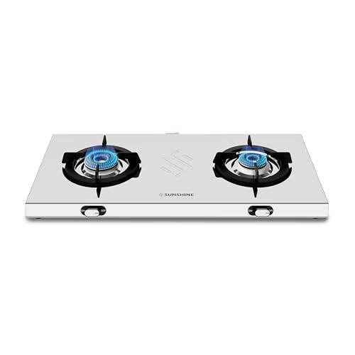 Sunshine Falcon 2 Burner | Ultra Slim 2 Burner Stainless Steel Gas Stove | Ergonomic Knob, Brass...