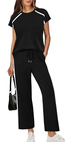 XIEERDUO 2 Piece Sets for Women Crew Neck Travel Airport Outfits Summer Fashion Clothing Cap Sleeve Tops Wide Legs Pants Set