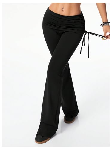 SOLY HUX Women's Vintage Flared Leggings Side Drawstring Y2k Bell Bottom Trousers Pants Streetwear4