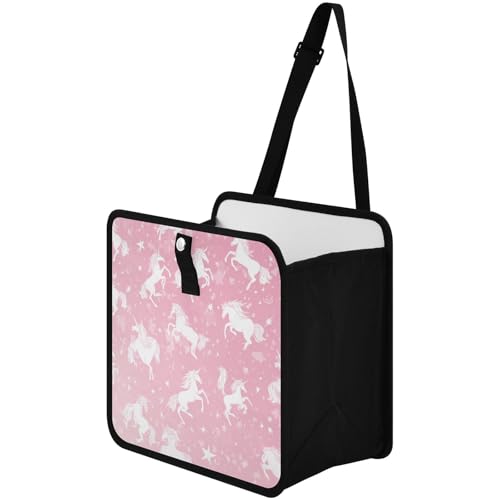 Image of Car Trash Can Organizer Bin with Adjustable Strap for Back Front Seat Console Waterproof Leakproof Collapsible Portable 8.66 Inch Pink Unicorns Silhouette and Stars