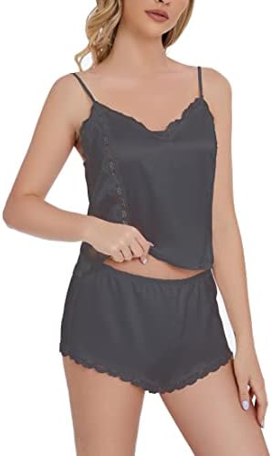ACEAHIHA Lace trim Women's Satin Silk Cami Pajamas Set sleeveless Tops And Shorts two Piece Adjustable Straps Sleepwear(as1, alpha, xx_l, regular, regular, Black)
