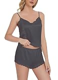 ACEAHIHA Lace trim Women's Satin Silk Cami Pajamas Set sleeveless Tops And Shorts two Piece Adjustab