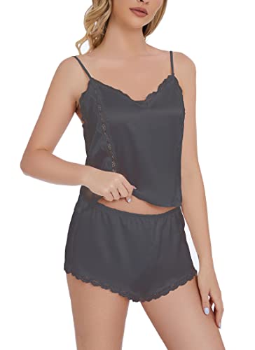 Aceahiha Lace Trim Women's Satin Silk Cami Pajamas Set Sleeveless Tops And Shorts Two Piece Adjustable Straps Sleepwear(As1, Alpha, Xx_L, Regular, Regular, Black) #TOP26