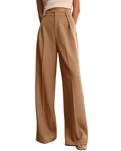 XISOXU Wide Leg Work Pants Women High Waist Straight Business Casual Dress Pants Casual Palazzo Trousers with Pockets Khaki XS