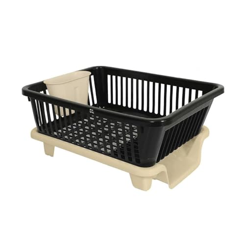 Image of Plastic Kitchen Dish Drainer Rack with Drying Tray & Cutlery Holder | 23 x 46 x 56 cm Utensil Stand & Bartan Stand | Mesh Design Dish Drying Basket Organizer for Kitchen Counter - Cream