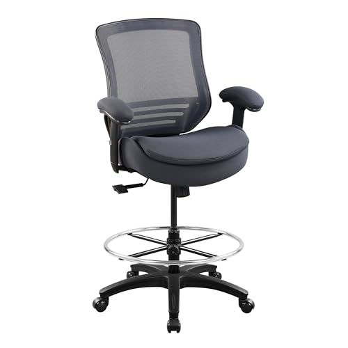 Image of 400lbs Office Drafting Chair Wide Dual Seat Cushion Height Adjustable Armrest for High Standing Desk with Lumbar Support and Enlarged Adjustable Footrest (Black Frame Gray Fabric)