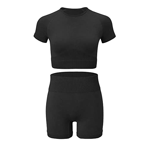 Abociw Workout Sets For Women 2 Piece Seamless Acid Wash High Waist Running Shorts + Compression Short Sleeve Crop Top Gym Clothes Tracksuit Fitness Sportswear Black Small #TOP5