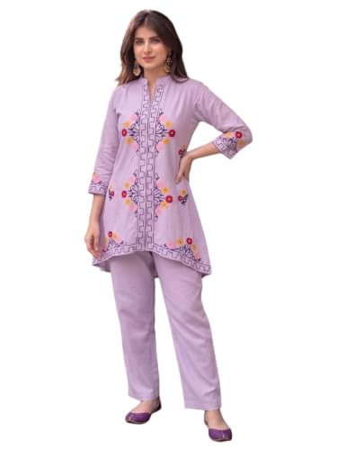 Image of ANNI Designer Women Kurta Set | Cotton Embroidered A-Line Kurta with Pant Co-ord Set | 3 /4 Sleeve Mandarin Collar Kurti Set for Women | Daily Office Party Wedding Ethnic Suit